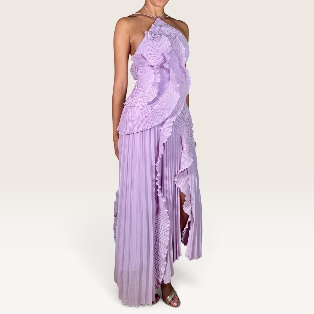 Lavender Accordion Pleated Halter Maxi Dress Small EUC Asymmetric Fairy Mermaid - Picture 3 of 7